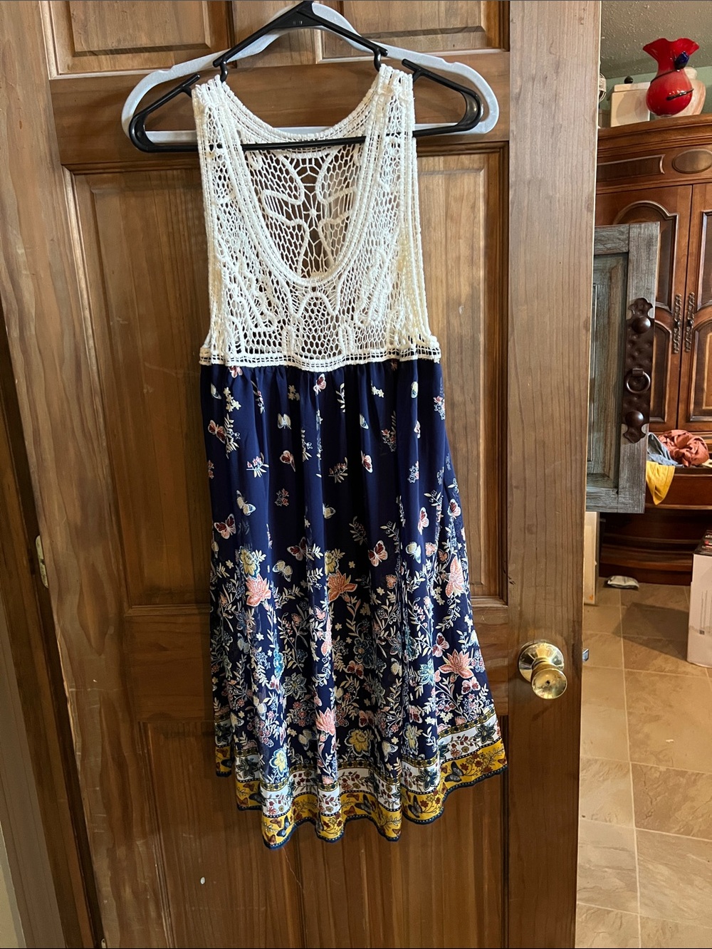 entro Navy Floral Midi Dress with Cream Crochet Bodice